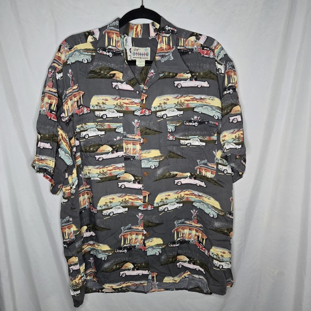 VTG Reyn Spooner American Classics Mens Large Button Up Rayon Classic Cars USA - Picture 1 of 9